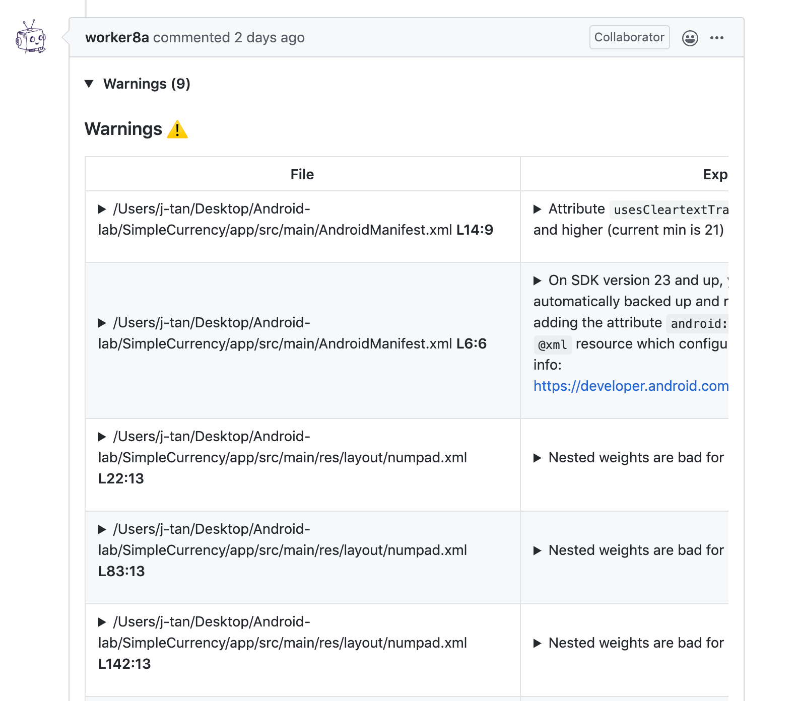 Lint Result in Markdown Posted to Github Pull Request